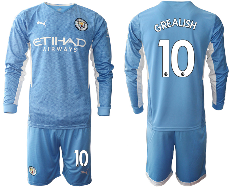 Men 2021-2022 Club Manchester city home Light blue Long Sleeve #10 Soccer Jerseys->inter milan jersey->Soccer Club Jersey